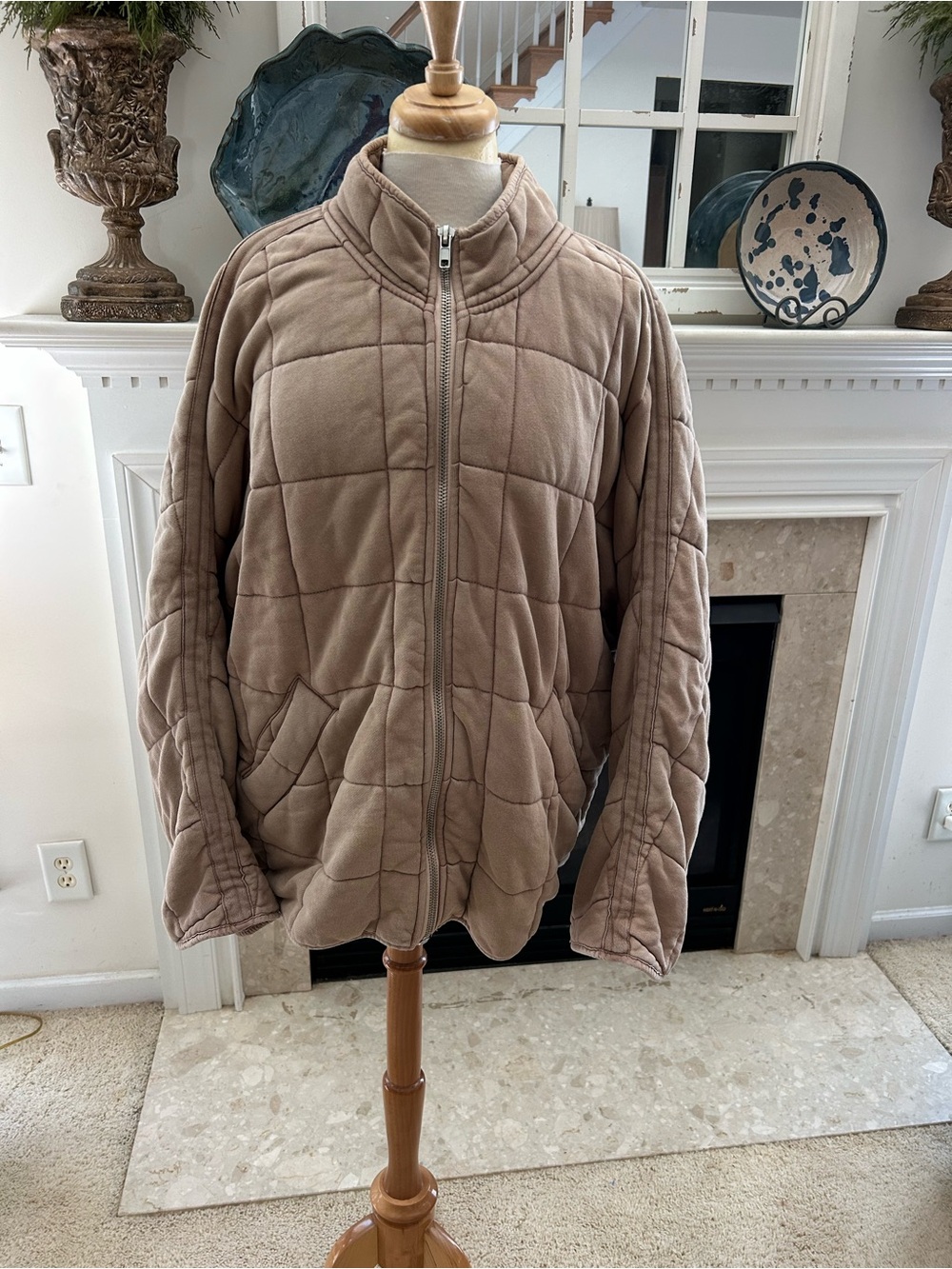 Free People Quilted Diamond, Dolman Knit Jacket in Tan - Picture 2 of 9